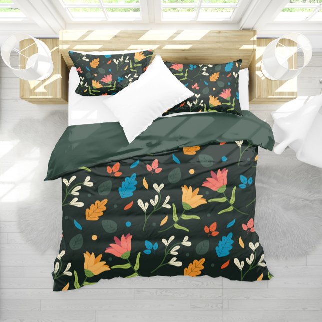 Black Botanical Floral Print Duvet Cover (Stylish Elegant Black Floral Pattern Duvet Cover)