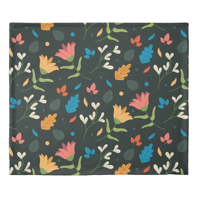 Black Botanical Floral Print Duvet Cover (Front)