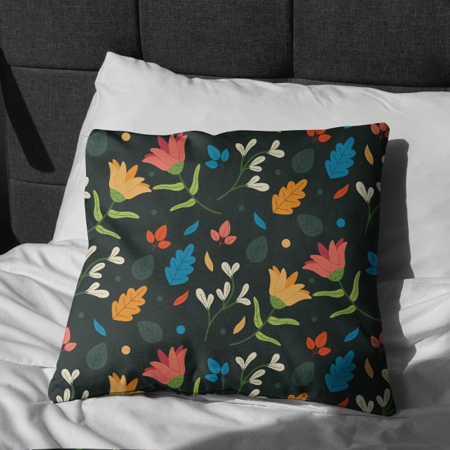 Black Botanical Floral Print Throw Pillow (Stylish Elegant Black Floral Pattern Pillow)