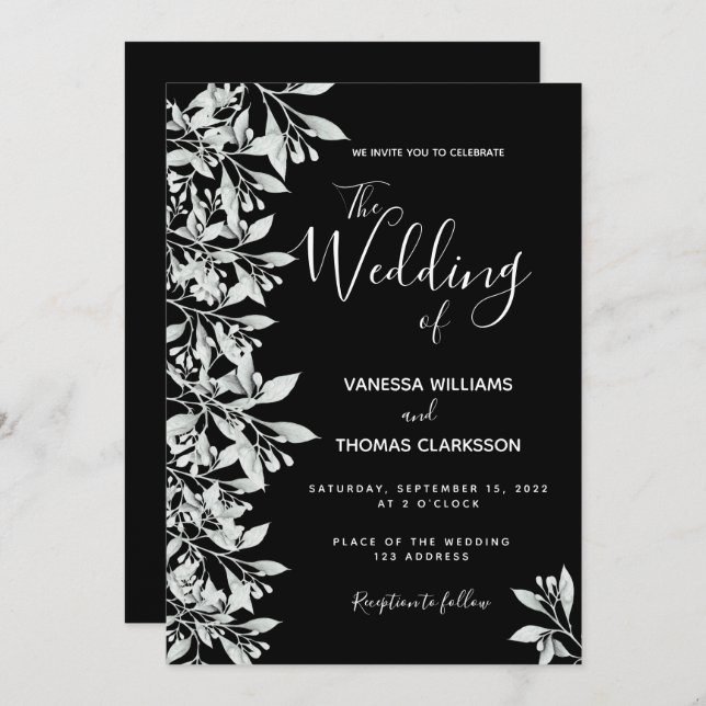 Black botanical foliage script wedding invitation (Front/Back)
