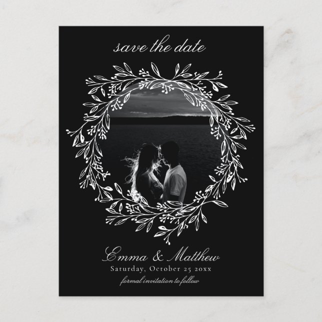 Black Botanical Gothic Wreath Save the Date Photo Postcard (Front)