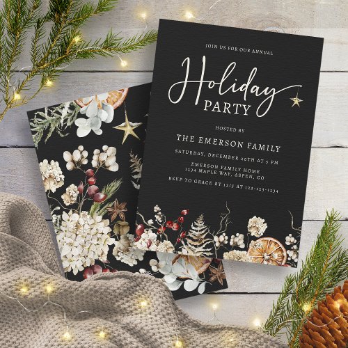 Black Botanical Holiday Party Invitation