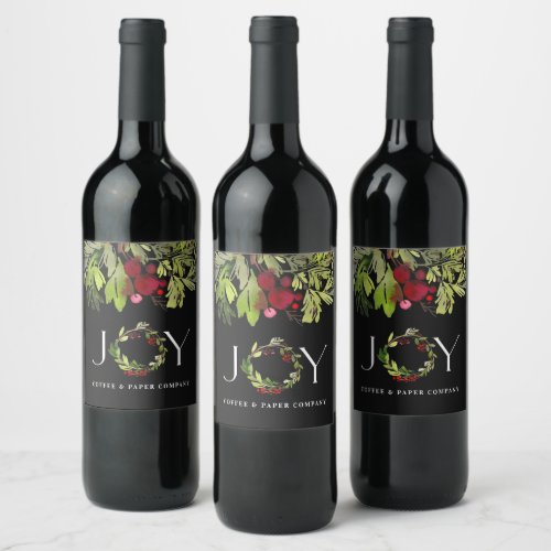 Black botanical joy wreath corporate holiday wine label