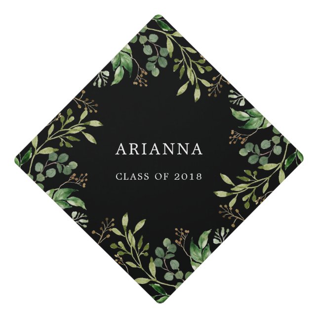 Black Botanical Leaves | Class of 2018 Graduate Graduation Cap Topper (Front)