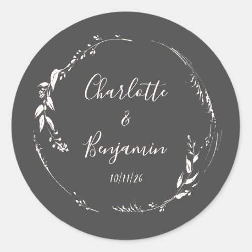 Black Botanical Personalized Script Wedding Names  Classic Round Sticker