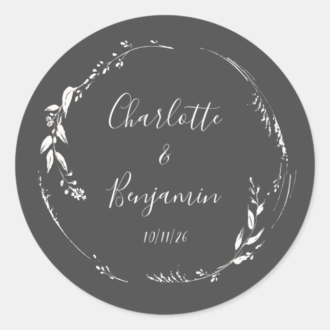 Black Botanical Personalized Script Wedding Names  Classic Round Sticker (Front)