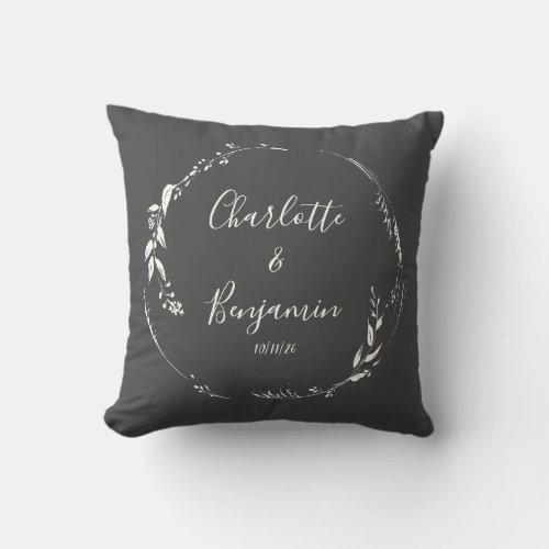 Black Botanical Personalized Script Wedding Names Throw Pillow