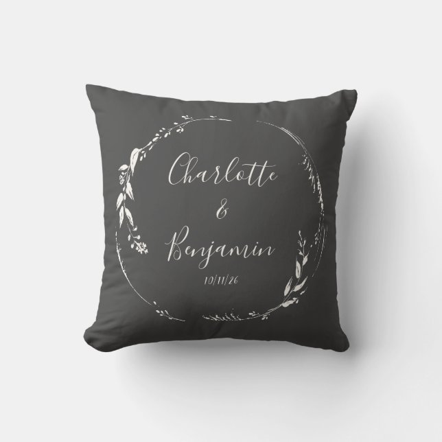 Black Botanical Personalized Script Wedding Names Throw Pillow (Front)