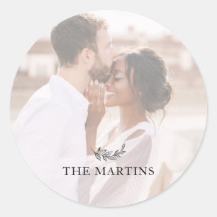 Black Botanical Personalized Wedding Photo Classic Round Sticker