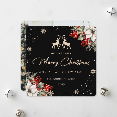 Black Botanical Reindeer Photo Christmas New Year Holiday Card