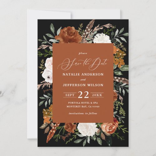 Black botanical rustic elegant modern wedding save save the date