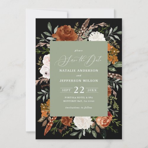 Black botanical rustic elegant modern wedding save save the date