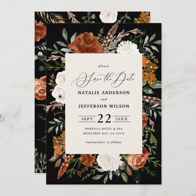 Black botanical rustic elegant modern wedding save the date (Front/Back)
