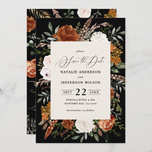 Black botanical rustic elegant modern wedding save the date