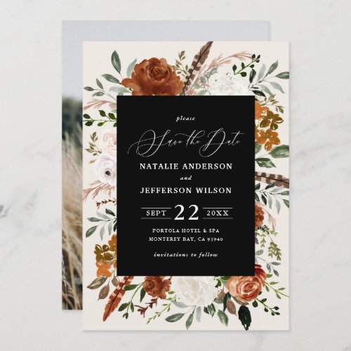 Black botanical rustic photo elegant wedding save the date