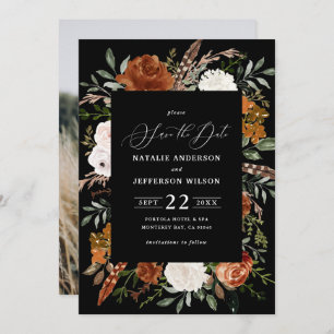 Black botanical rustic photo save the date