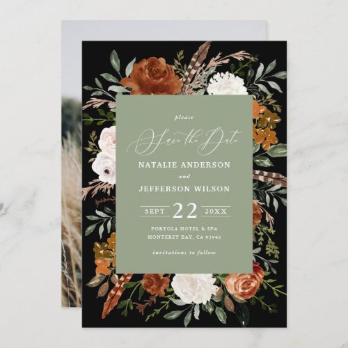 Black botanical rustic photo save the date