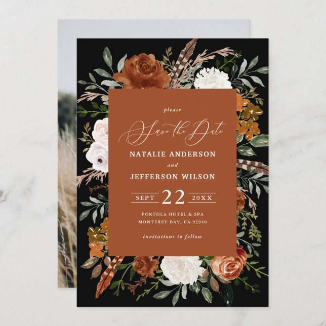 Black botanical rustic photo  save the date (Front/Back)
