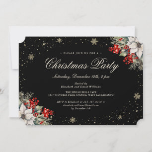 Black Botanical Snowflake Christmas Holiday Party Invitation
