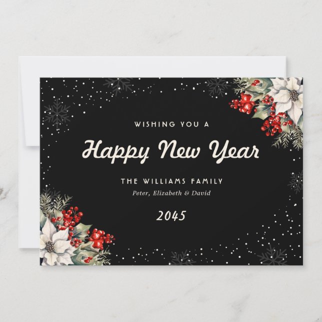 Black Botanical Snowflakes New Year Card (Front)