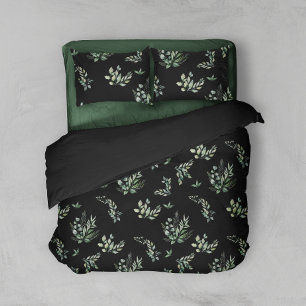 Black Botanical watercolor green leaves pattern  Duvet Cover