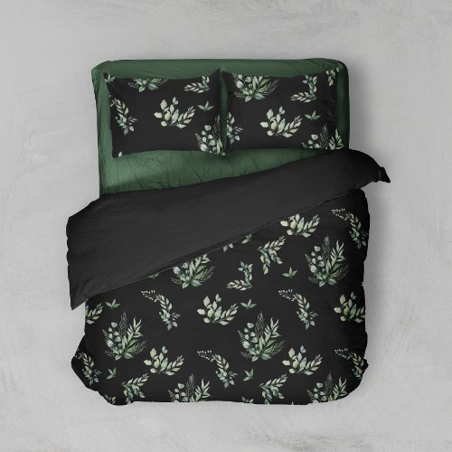 Black Botanical watercolor green leaves pattern  Duvet Cover