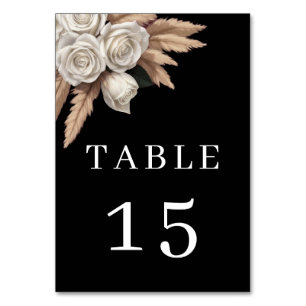 Black Botanical White Rose Pampas Grass Table Number