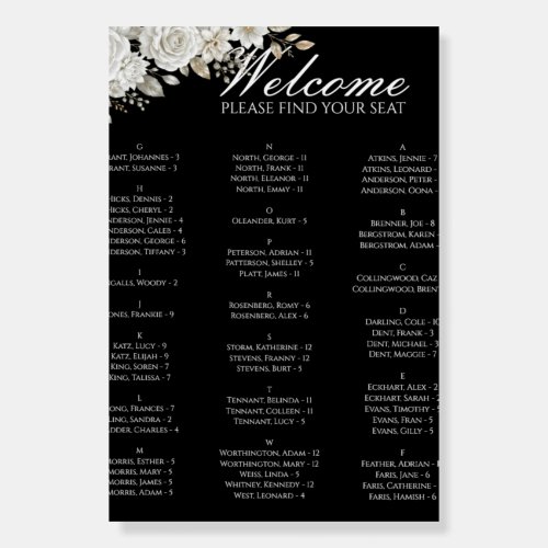 Black Botanical White Rose Pampas Seating Chart Foam Board