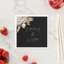 Black Botanical White Rose Pampas Wedding Napkins