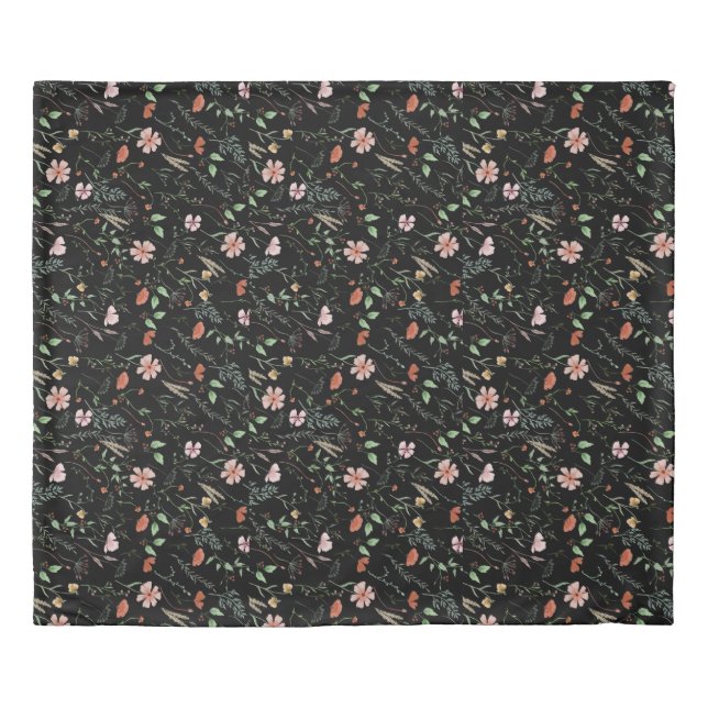 Black botanical wildflower romantic garden duvet (Front)