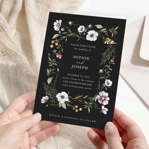 Black Botanical Wildflowers  Elegant Wedding Invitation
