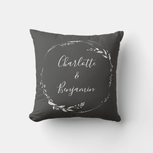 Black Botanical Wreath Calligraphy Personalized  Throw Pillow