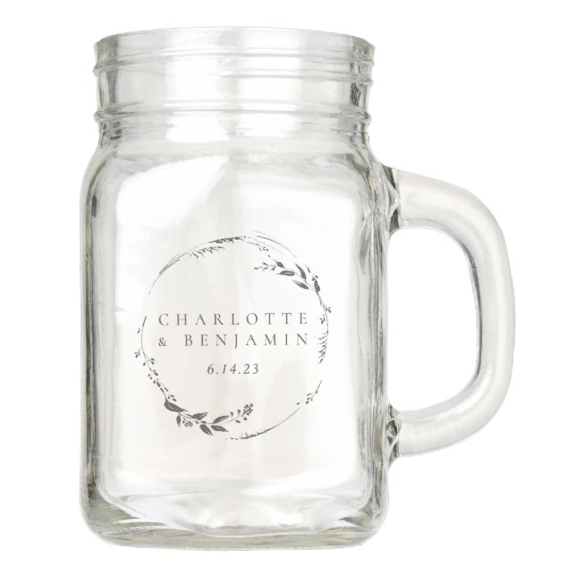 Black Botanical Wreath Personalized Wedding   Mason Jar (Front)