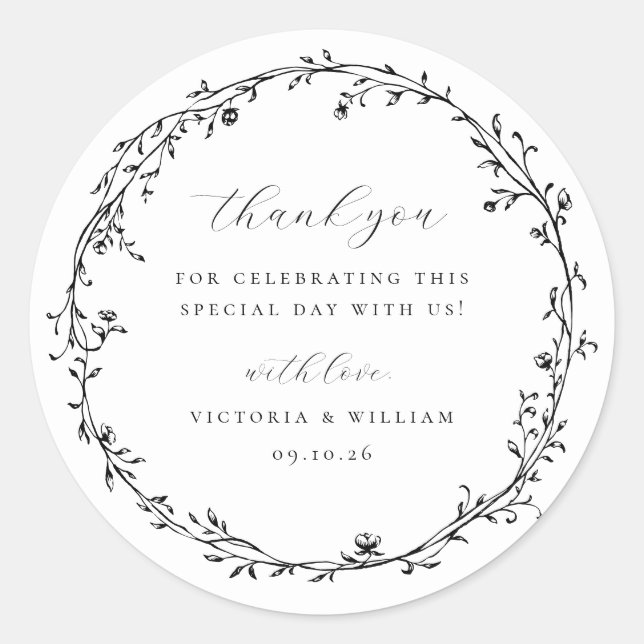Black Botanical Wreath Wedding Favor Classic Round Sticker (Front)