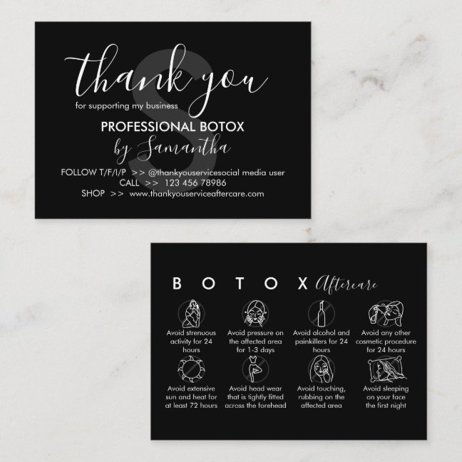 Black Botox Aftercare Instructions Thank You Business Card