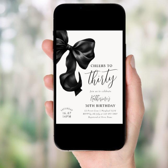 Black Bow 30th Birthday  Invitation (Front Digital)