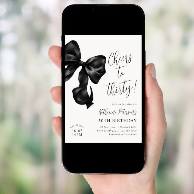 Black Bow 30th Birthday  Invitation (Front Digital)