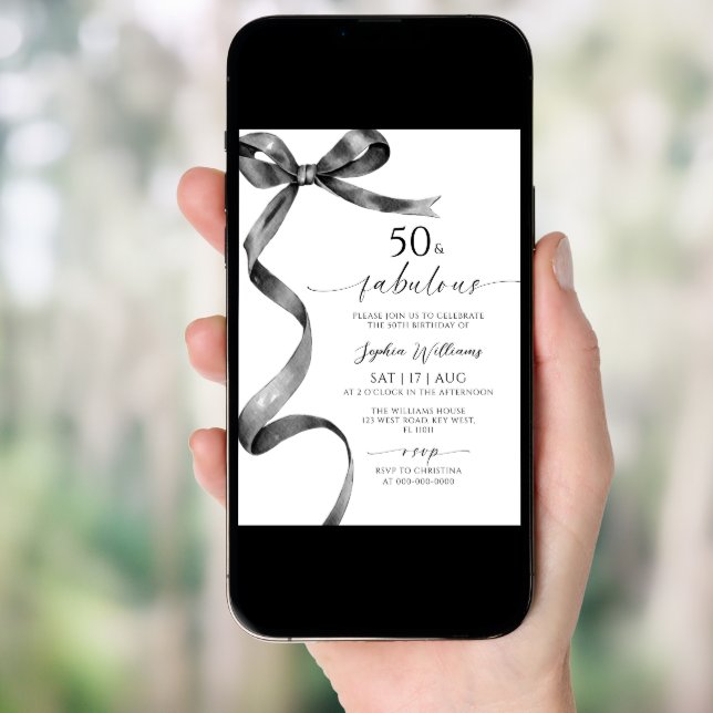 Black Bow 50 & Fabulous Birthday Invitation (Front Digital)