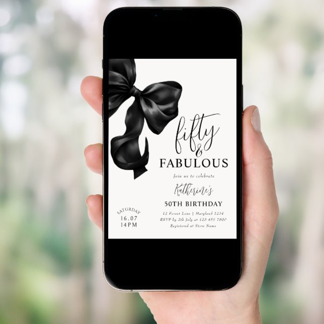 Black Bow 50th Birthday  Invitation (Front Digital)