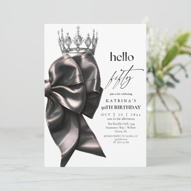 Black Bow 50th Birthday Invitation (Standing Front)