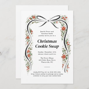 Black Bow and Poinsettias Christmas Holiday Invitation