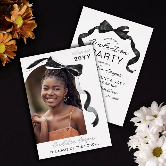 Black Bow Arch Photo Silver Foil Graduation Foil Invitation (Creator Uploaded)