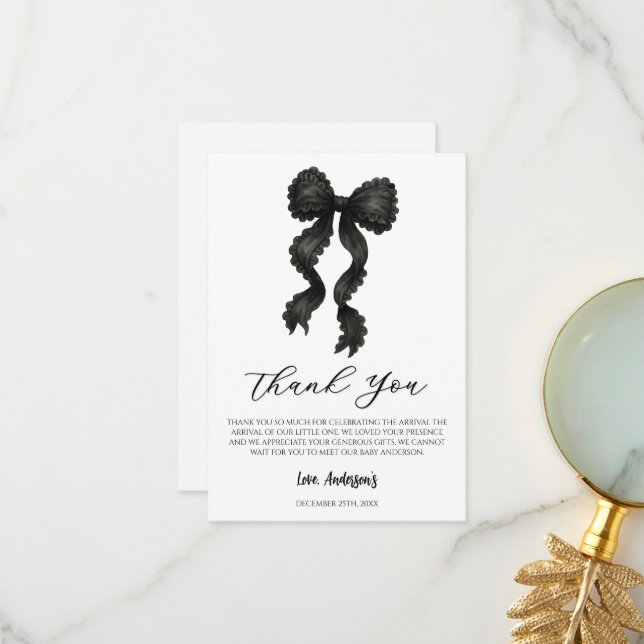 Black Bow Baby Shower Coquette Bow  Thank You Card (Front/Back In Situ)