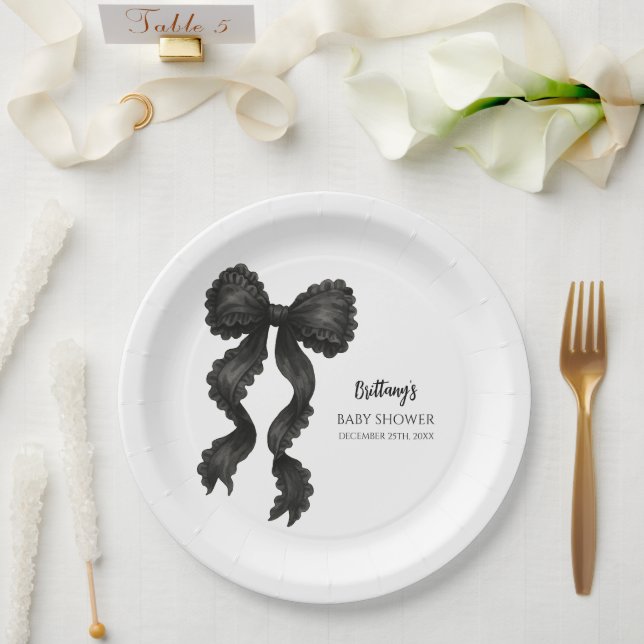 Black Bow Baby Shower Coquette Ribbon Paper Plates (Wedding)