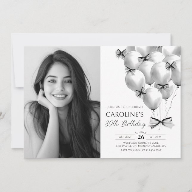 Black Bow Balloons Birthday Photo Invitation (Front)