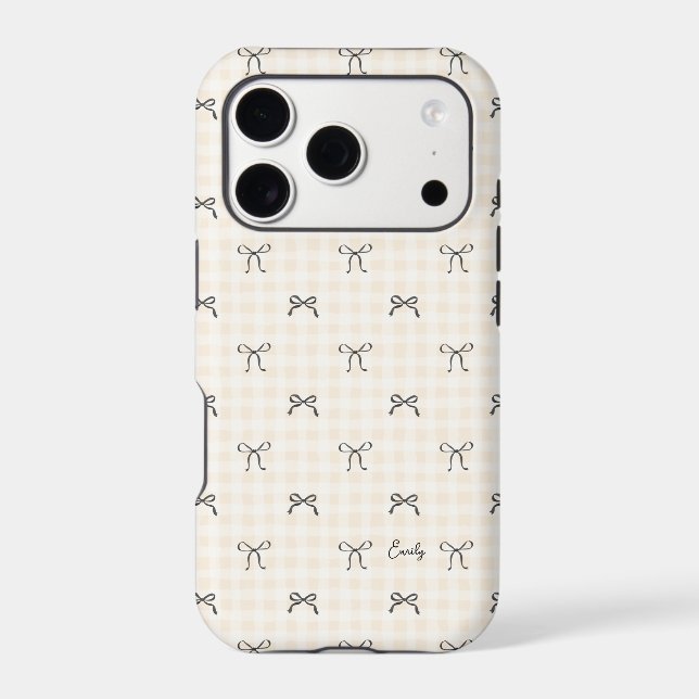 Black Bow Beige Gingham Personalized Name Iphone Case (Back)