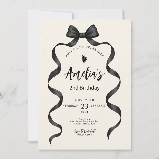 Black Bow Birthday Any Age Invitation (Front)