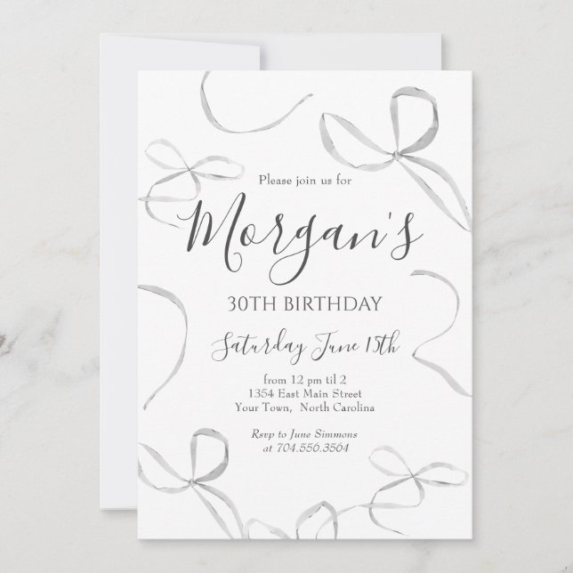 Black bow Birthday Invitation, adult birthday Invitation (Front)