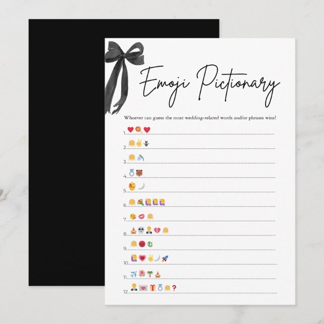 Black Bow Bridal Shower Emoji Pictionary Game Invitation (Front/Back)