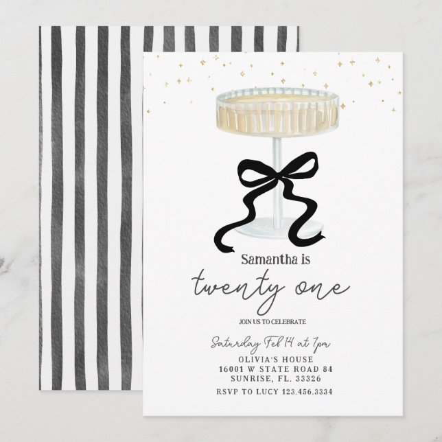 Black Bow Champagne Glass Party Invite (Front/Back)